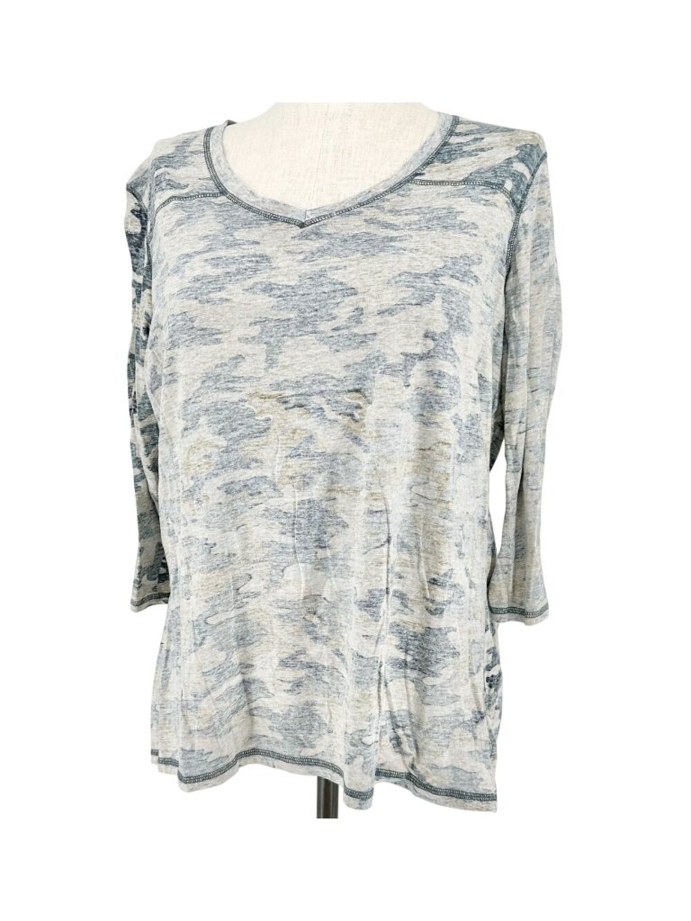 Ruff Hewn Top Womens 2X Blue Green Tan Camo VNeck Cotton 3/4 Sleeves Casual Tee